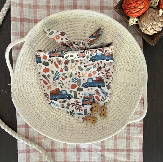 Hayrides and Cider Bandana | Trucks and Pumpkins on Cream Tie On Fall Bandana for Dogs