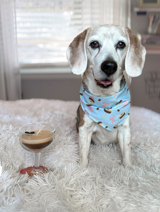 Me Espresso Bandana | Espresso Martini and Bow on Light Blue Tie On Cotton Bandana