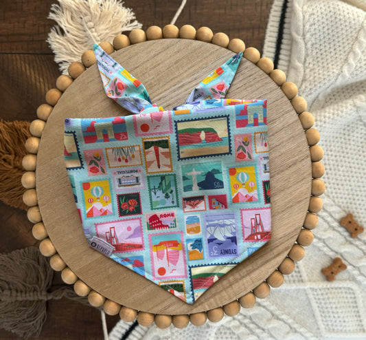 Bon Voyage Bandana | World Travel Stamps Tie On Teal Cotton Bandana