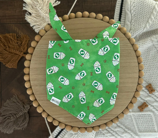 Pup Cup! Bandana | Whipped Cream Cup on Green Cotton Tie On Bandana
