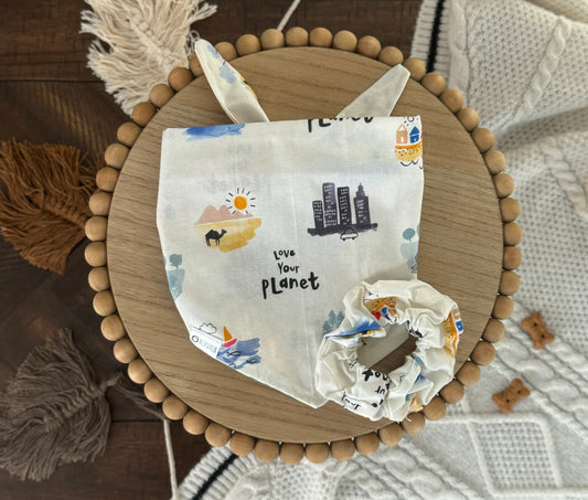 Love Your Planet Bandana | Cream Cotton Tie On Bandana with Watercolor Landscapes