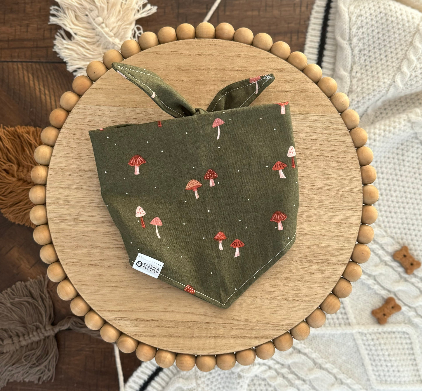 Alice Bandana | Mushrooms on Dark Green Cotton Tie On Bandana