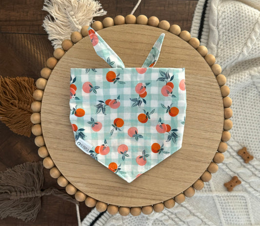 Clementine Bandana | Peaches on Blue Gingham Tie On Bandana