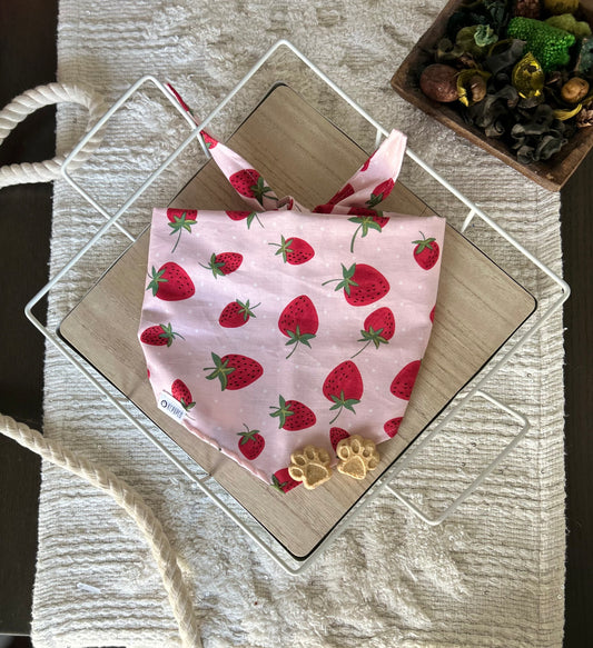 Malibu Bandana | Red Strawberries on Baby Pink Cotton Tie On Bandana