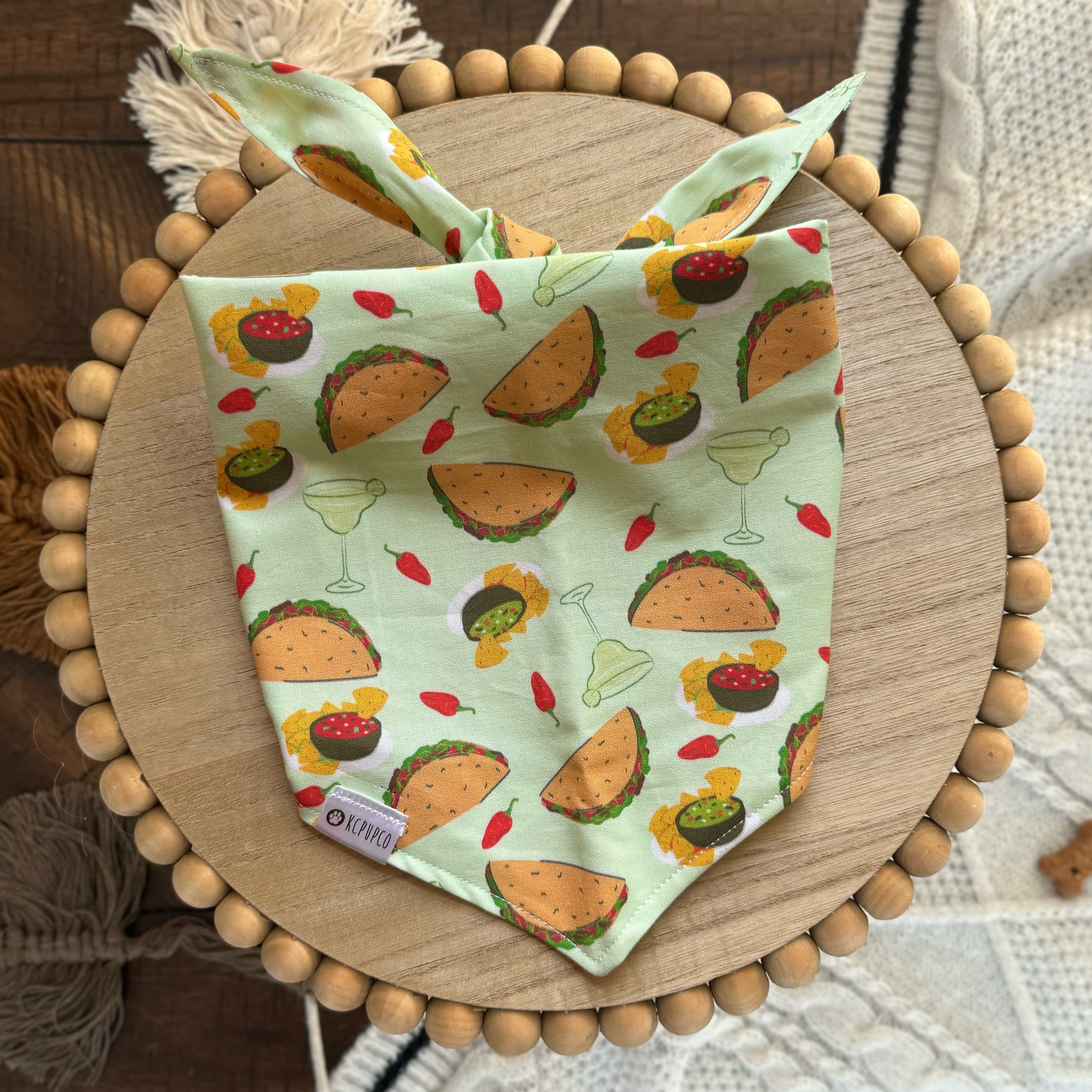 Happy Hour Bandana | Tacos and Margaritas Tie On Light Green Cotton Bandana