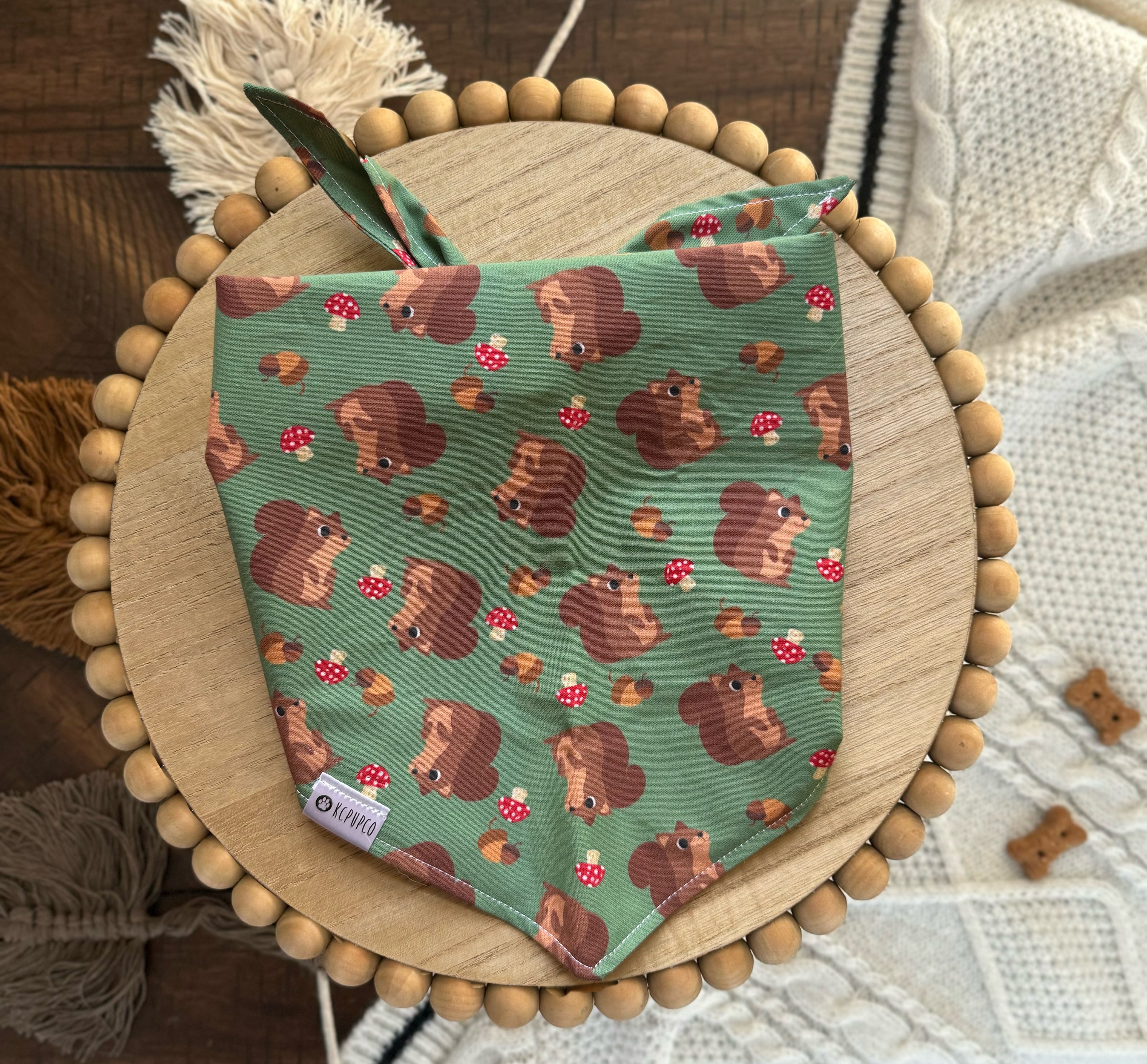 Pip Bandana | Squirrels and Acorns Tie On Green Cotton Bandana