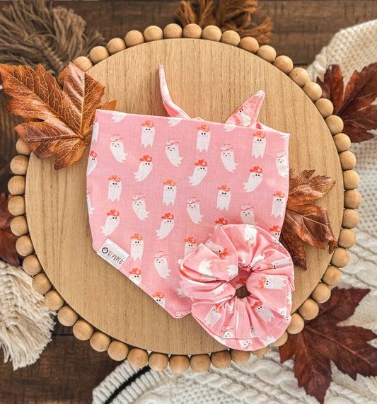 Let’s Go Ghouls! Bandana | Cowboy Ghosts on Pink Fall Cotton Bandana for Dogs