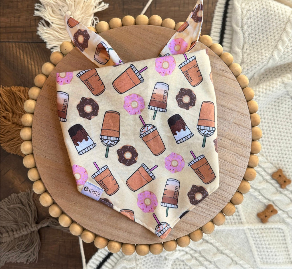 Donut Shop Bandana | Iced Coffee and Donuts on Butter Yellow Tie On Cotton Bandana