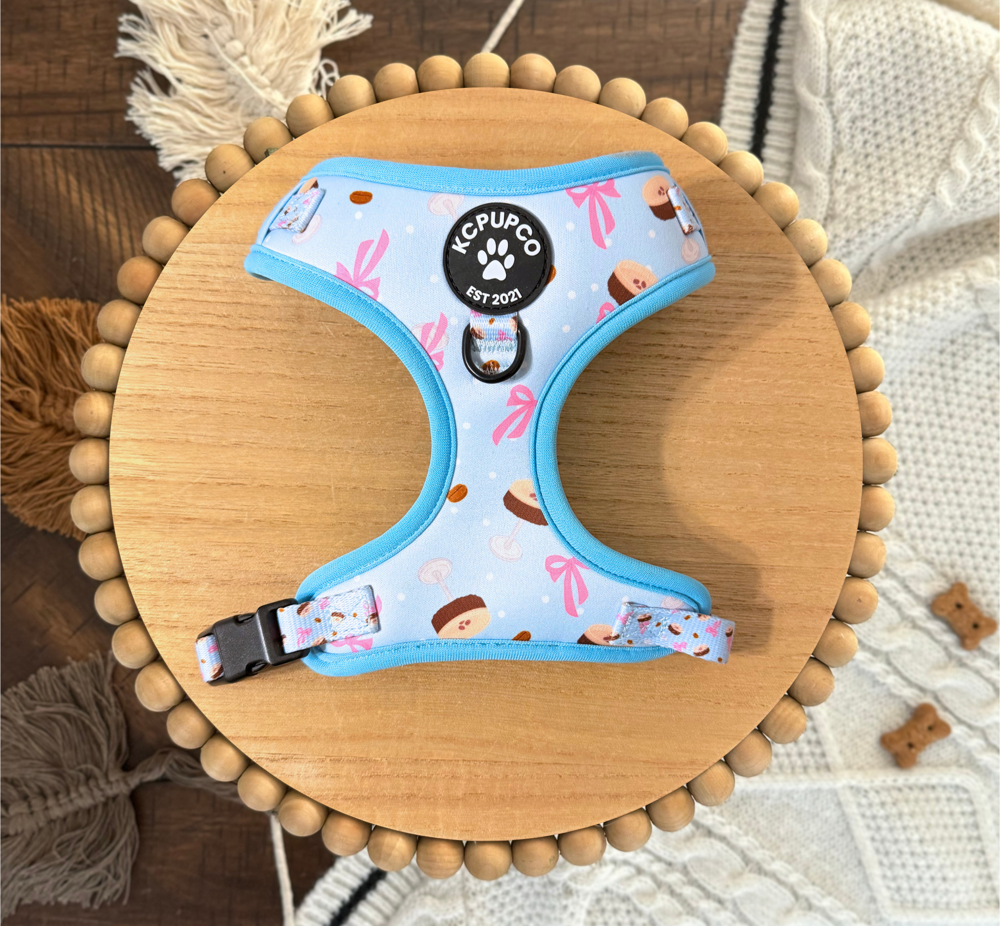 Me Espresso Harness | Espresso Martini and Bow Light Blue Neoprene Adjustable Harness