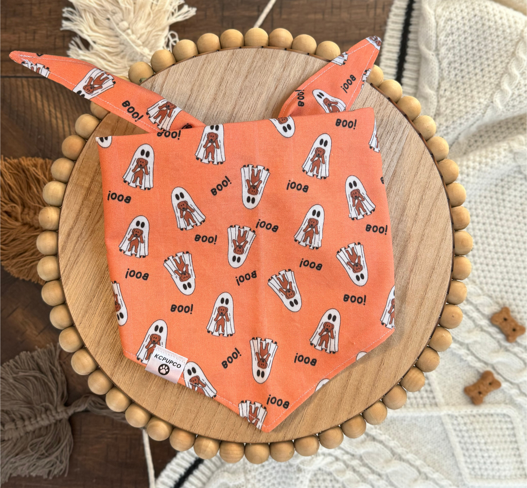Boo! Bandana | Cute Ghosts and Pup on Orange Tie On Bandana