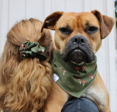 Alice Bandana | Mushrooms on Dark Green Cotton Tie On Bandana