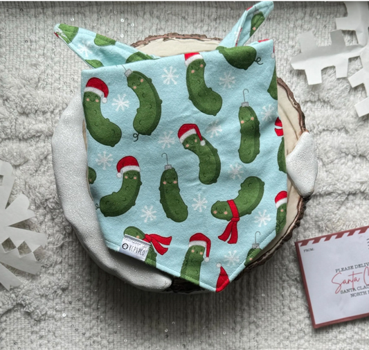 Christmas Pickles Bandana |  Christmas Pickles Dressed as Santa on Tie On Blue Winter Flannel Bandana for Dogs