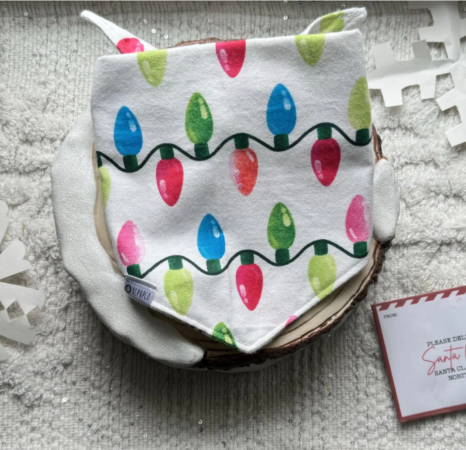 Blitzen Bandana |  Christmas Lights Tie On Snowy White Winter Flannel Bandana for Dogs