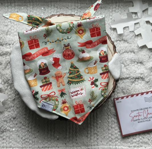 Tis the Season Bandana |  Christmas Icons on Sage Green Cotton Winter Tie On Bandana for Dogs
