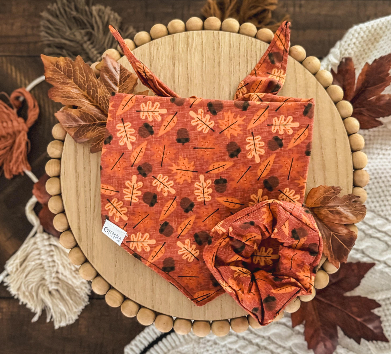 Autumn Bandana | Fall Leaves on Orange Tie On Fall Cotton Bandana for Dogs