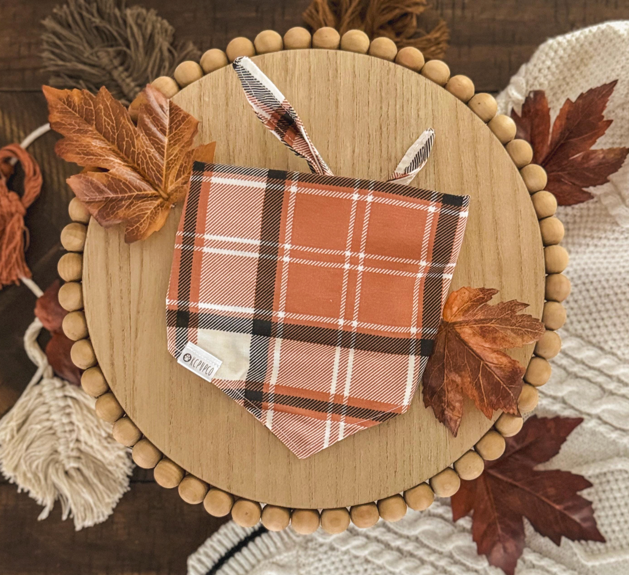 Scarecrow Bandana | Light Orange and Beige Plaid Tie On Fall Bandana for Dogs