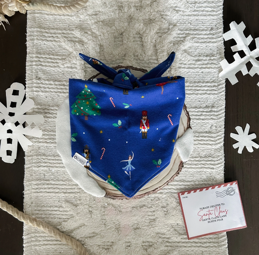 Niamh Bandana |  Nutcracker Ballet on Royal Blue Flannel Tie On Bandana for Dogs