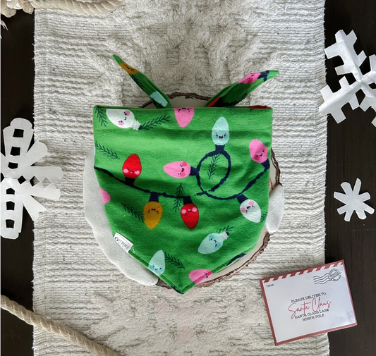 Plaza Lights Bandana |  Smiling Christmas Lights Tie On Green Winter Flannel Bandana for Dogs