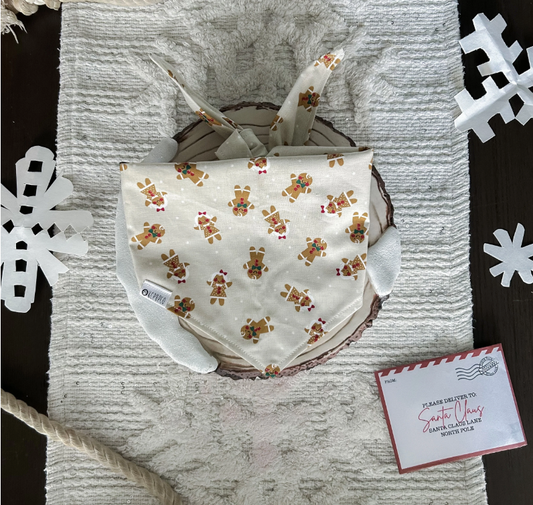 Gingy Bandana |  Happy Gingerbread Cookies on Cream Colored Cotton Tie On Bandana for Dogs