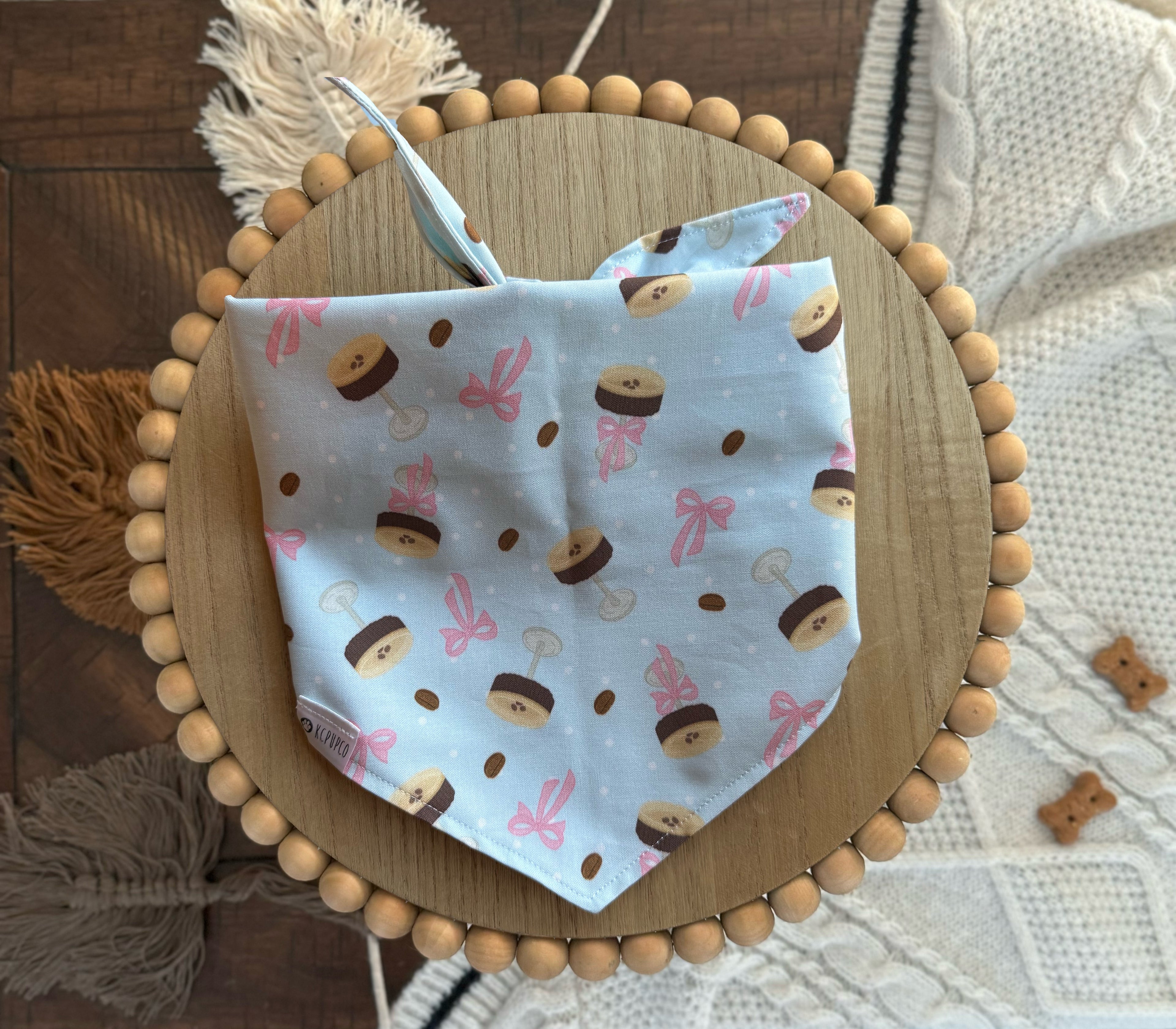 Me Espresso Bandana | Espresso Martini and Bow on Light Blue Tie On Cotton Bandana